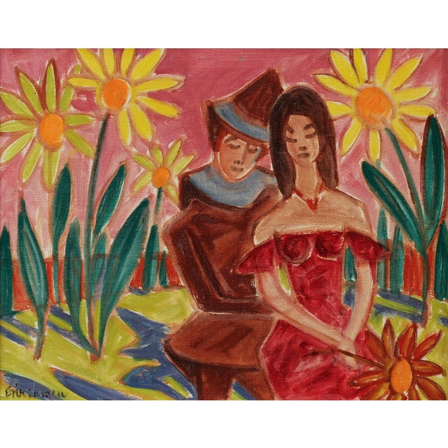 Original mid century oil painting in vibrant colours by the Danish artist Erik Larsen (1902 - 1975).