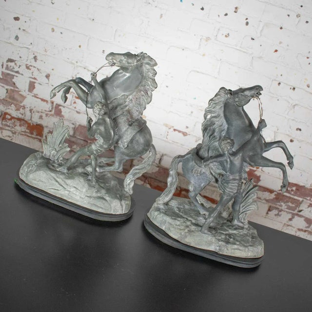 Gray Antique Detailed Spelter Marly Rearing Horse & Groom Sculptures After Guillaume Coustou - a Pair For Sale - Image 8 of 13