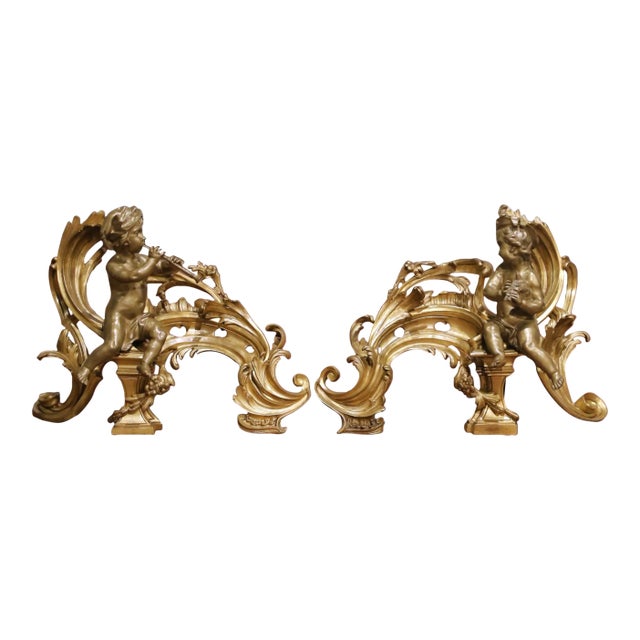 Pair of 19th Century French Louis XV Style Bronze Chenets With Musical Putti For Sale