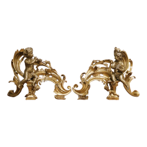 Pair of 19th Century French Louis XV Style Bronze Chenets With Musical Putti