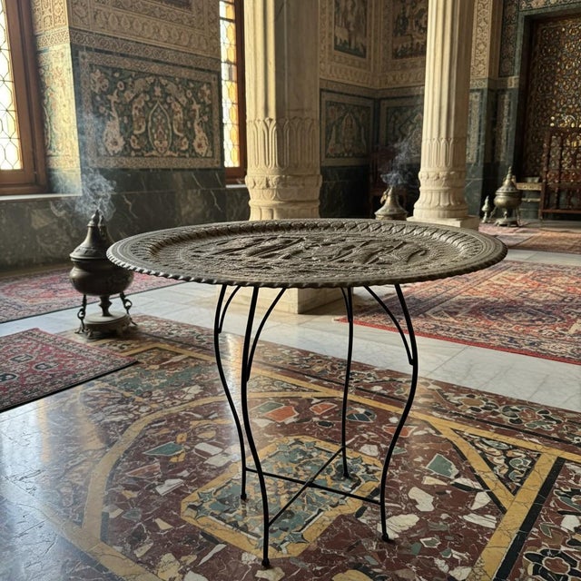 Mid 20th Century Vintage Persian Revival Tinned Copper Tray Table-Wall Hanging Stand-Metal-Boho For Sale - Image 5 of 10