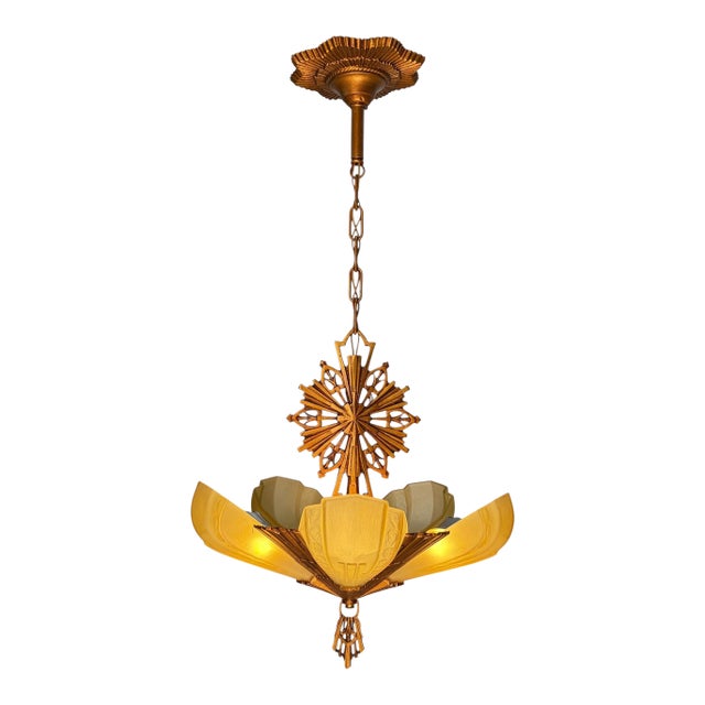 1930s Art Deco “Rayburn” 5 Light Slip Shade Chandelier #2609 For Sale