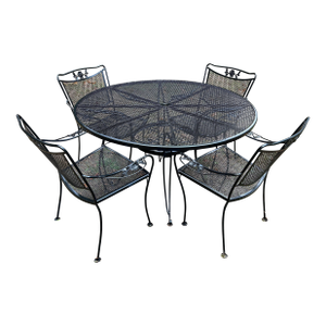Beautiful Vintage Wrought Iron Woodard Patio Set Table and 4 Chairs, Attributed