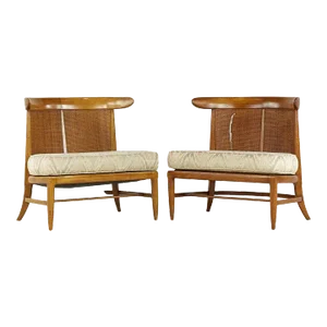 John Lubberts and Lambert Mulder for Tomlinson Mid Century Cane and Walnut Slipper Chairs - Pair