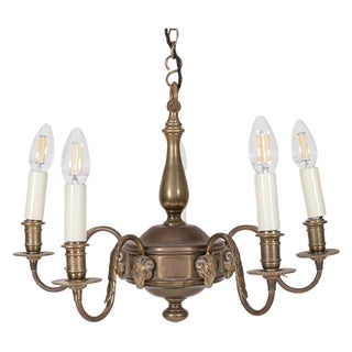 English Rams Head 5-Arm Chandelier in Brass For Sale