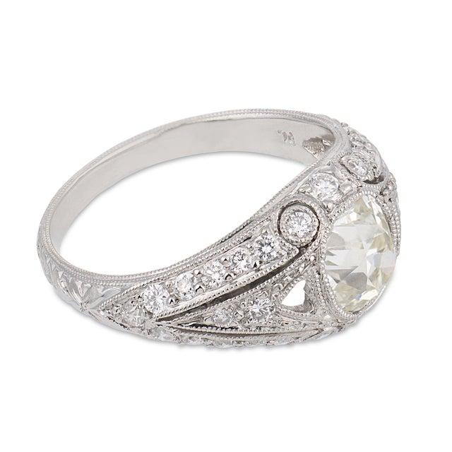 1920s Art Deco Inspired Gia 1.24 Carat Old Mine Cut Diamond Platinum Engagement Ring, Size 5.5 For Sale - Image 4 of 8