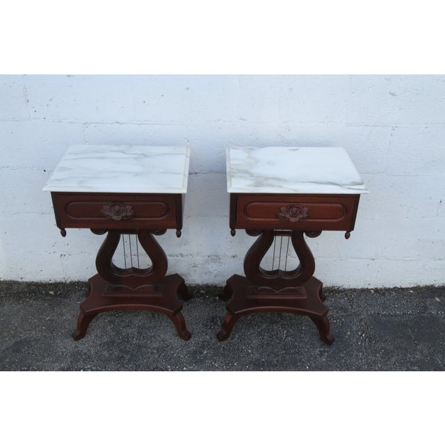 Wood Mid 20th Century Victorian Style Marble Top Harp Design Side End Tables Nightstands a Pair For Sale - Image 7 of 18