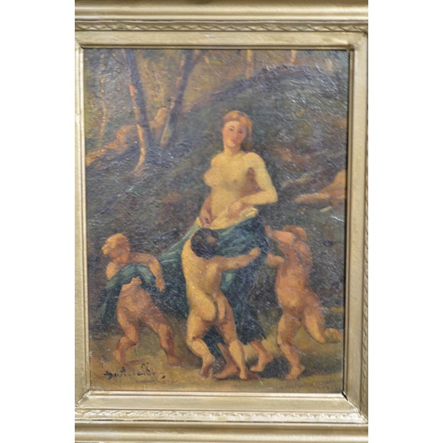 French School, 19th Century “Nymph and Three Cupids” A charming 19th-century French mythological painting depicting a...