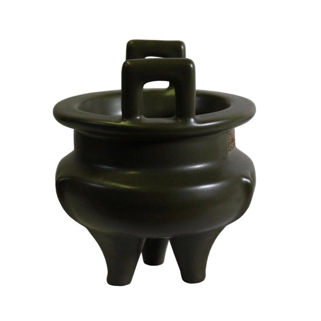 Chinese Handmade Dark Olive Army Green Ceramic Accent Ding Holder For Sale - Image 4 of 7