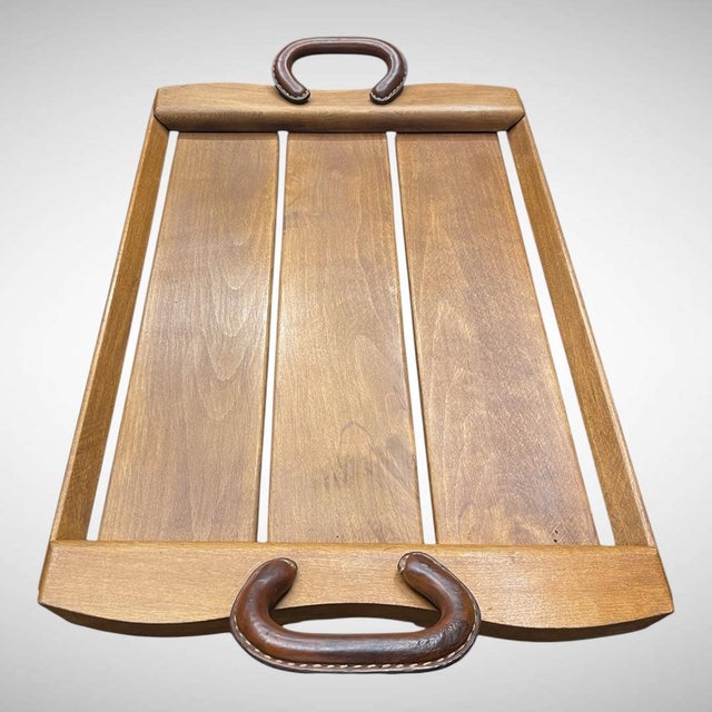 Mid-Century Modern Stitched Leather and Wood Service Tray from Jacques Adnet, 1950s For Sale - Image 3 of 7