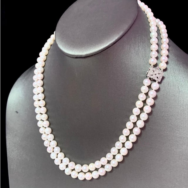 Metal Diamond Akoya Pearl 2-Strand Necklace 18k Gold Certified For Sale - Image 7 of 11