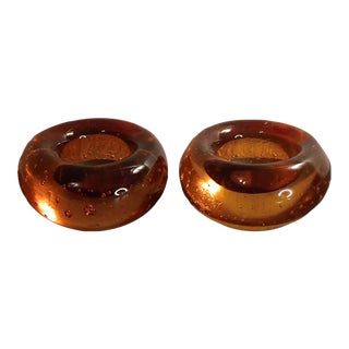1980s Pair of Amber Art Glass With Bullicante Tealite Holders For Sale