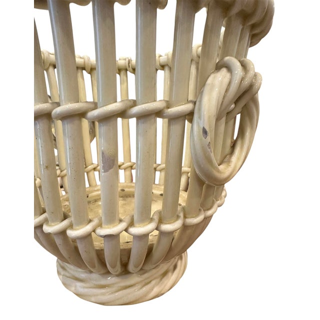 Vintage English Creamware Ivory Woven / Open Weave Reticulated Basket / Basketweave Ring Handled Jardiniere / Cache Pot / Cachepot / Planter For Sale - Image 9 of 11