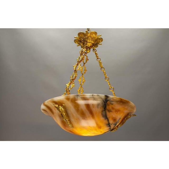 French Neoclassical Style Amber Alabaster and Bronze Pendant Light, 1920s For Sale - Image 18 of 18
