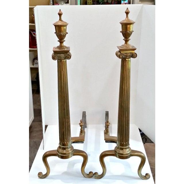 Antique Neoclassical Columns Urns Brass Fireplace Andirons A