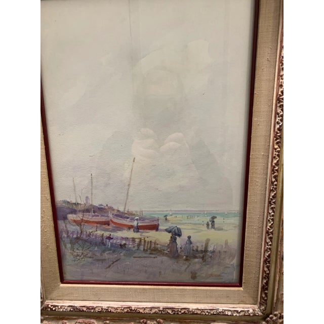 1980s "Red Boats" Impressionist Style Beach Scene Painting by Tom Perkinson, Framed For Sale - Image 9 of 11