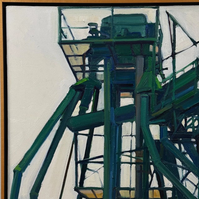 1990s Vintage Industrial Landscape With Green Refinery Detail, Signed (1999, Oil on Canvas) For Sale - Image 5 of 8