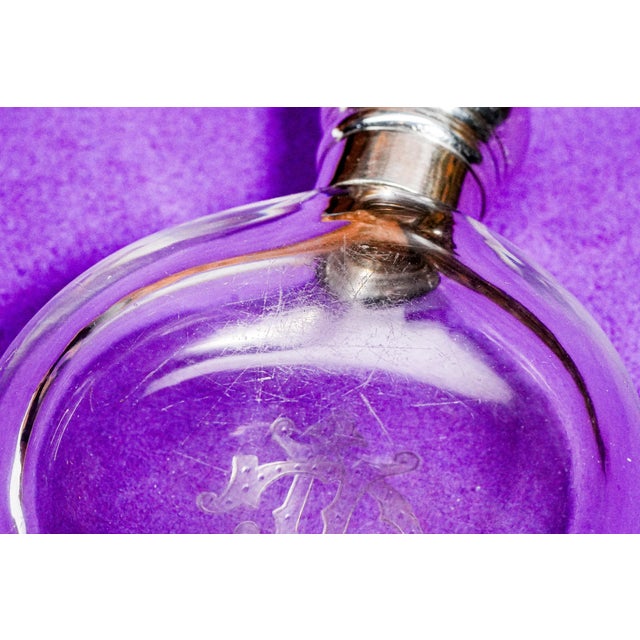 Wonderful Antique Round Crystal Victorian Perfume Flask With Sterling Silver Cap Monogram JLC Home Decor Collectible For Sale - Image 13 of 13