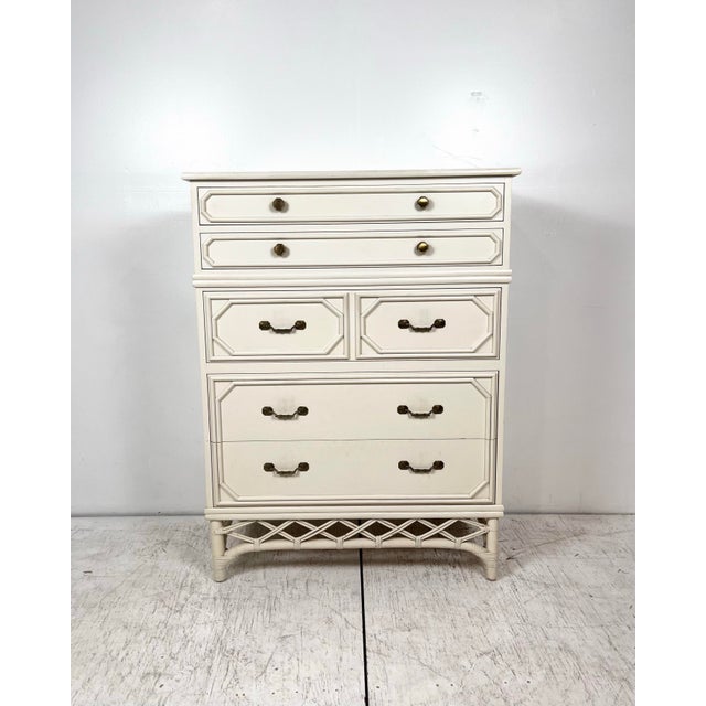 Vintage Ficks Reed Tall Boy Rattan Dresser Chest of Drawers. 5 drawer tall dresser, solid wood construction with rattan...