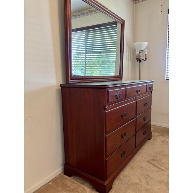 1930s Vintage Cherry Wood 9 Drawer Dresser With Mirror For Sale - Image 5 of 6