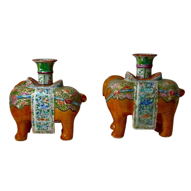 Orange 19th Century Chinese Export Rose Mandarin Porcelain Elephant Candlesticks - A Pair For Sale - Image 8 of 12