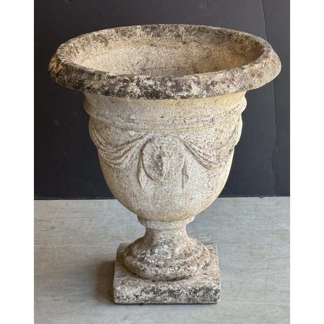 English Garden Stone Urn or Planter Pot With Garland Motif For Sale - Image 11 of 13