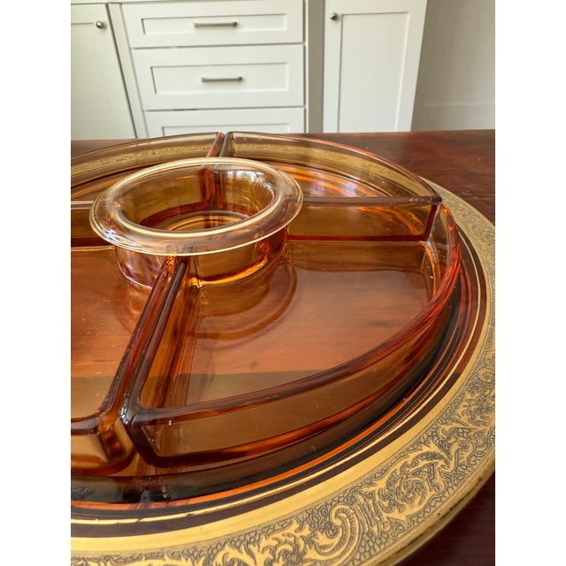 Early 20th Century Early 20th Century Cambridge Glass Co. Gold Encrusted Amber Glass Divided Relish Dish With Center Insert - 6-Piece For Sale - Image 5 of 12