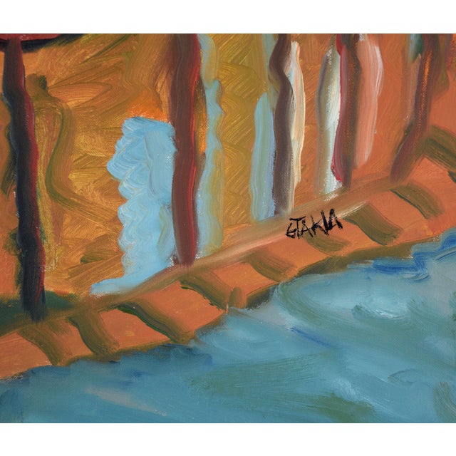 Textile Belgian Barn by the River - Expressionist Landscape Original Oil on Canvas by Gloria Takla For Sale - Image 7 of 11