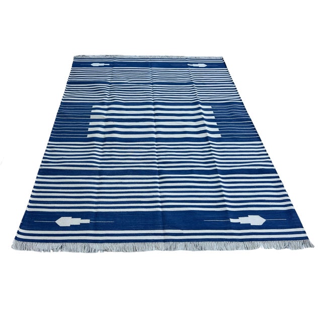 Mid-Century Modern Handmade Denim Blue and White Cotton Vegetable Dyed Striped Rug - 9'x12' For Sale - Image 3 of 11