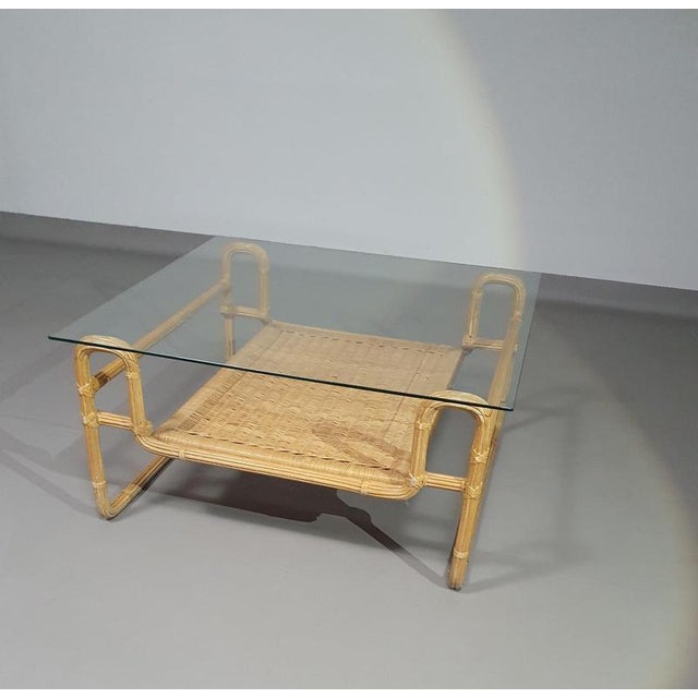 Mid-Century Pencil Split Reed and Rattan Coffee Table with Iron Frame and Glass Top For Sale - Image 4 of 11