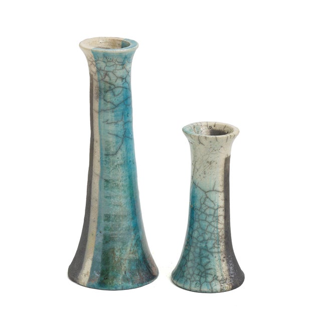 Japanese Modern White Green Raku Ceramic Stelo Wake Candle Holders by Laab Milano, Set of 2 For Sale - Image 13 of 13