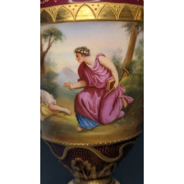 Maroon 19thc Austrian Antique Royal Vienna Hand Painted Romantic Scene - 2 Handled 13.5" Porcelain Vase For Sale - Image 8 of 12