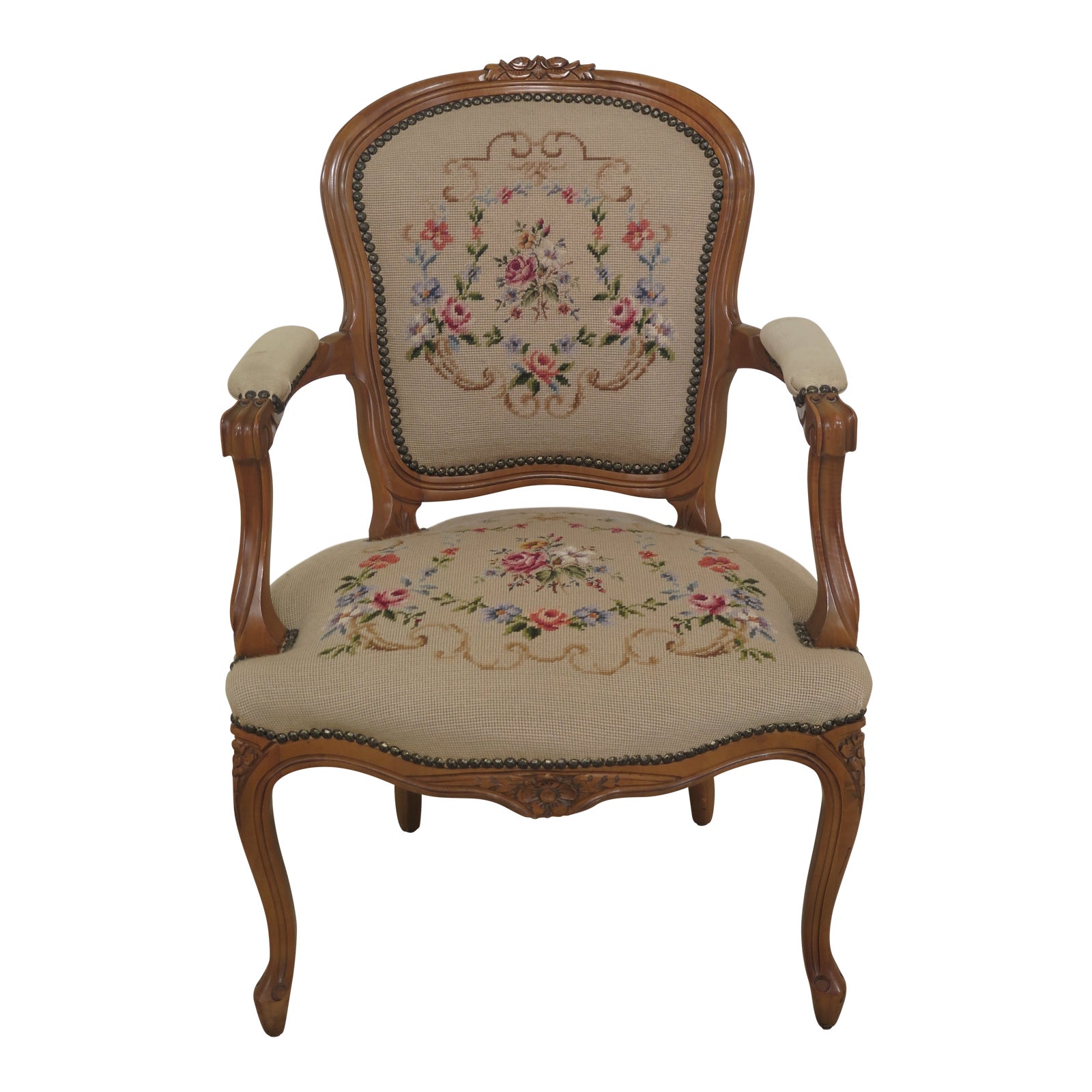 1960s Vintage French Louis XV Style Needlepoint Upholstered Arm Chair Chairish