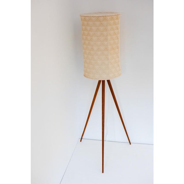 Large Scandinavian Teak Tripod Floor Lamp with Drawn Thread Embroidery Shade For Sale - Image 5 of 17