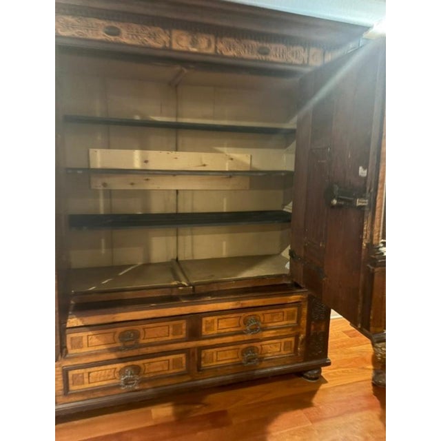 Antique Spanish Renaissance Figural Carved Mixed Woods Two Door Cupboard For Sale - Image 11 of 13