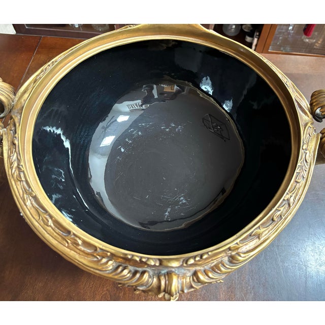 1970s Vintage French Style Jardeniere Black Porcelain and Bronze 23”x 9” For Sale - Image 5 of 12