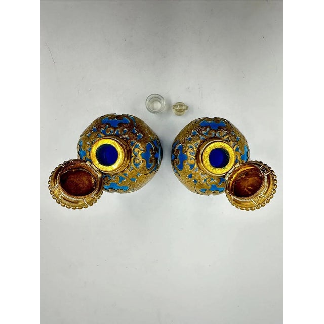 French Turquoise Opaline Perfume Bottles with Watercolor Miniatures Palais Royal, Set of 2 For Sale - Image 4 of 13