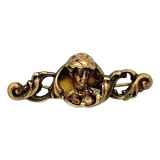 Art Nouveau Celestial Nymph Female Cameo Brass Brooch For Sale