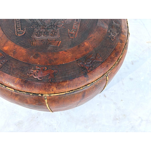 Vintage Brown Tooled Saddle Leather Peruvian Ottoman Hassock For Sale - Image 4 of 6