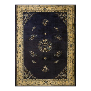 Gorgeous Navy Background Color and Beige Border With Floral-Medallion Design Antique Chinese Peking Rug For Sale