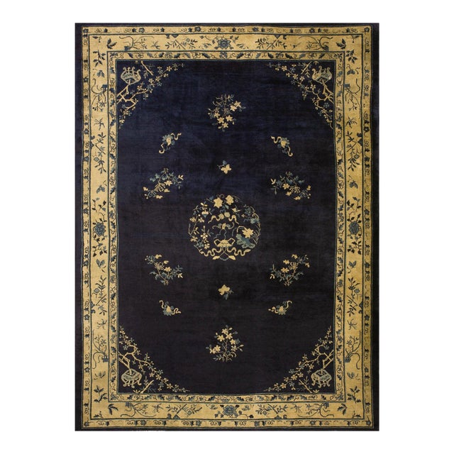 Gorgeous Navy Background Color and Beige Border With Floral-Medallion Design Antique Chinese Peking Rug For Sale