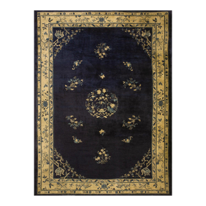 Gorgeous Navy Background Color and Beige Border With Floral-Medallion Design Antique Chinese Peking Rug