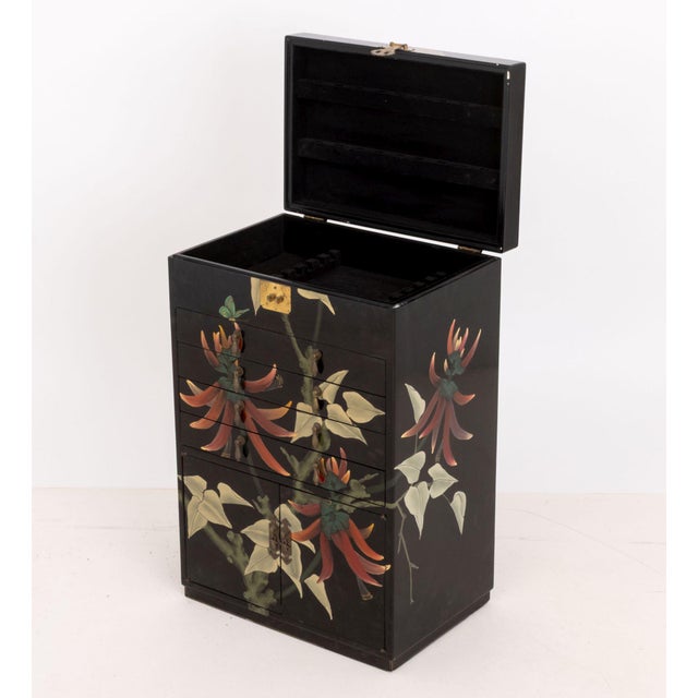Wood Chinese Floral Motif Hand-Painted and Black Lacquered Cabinet For Sale - Image 7 of 11