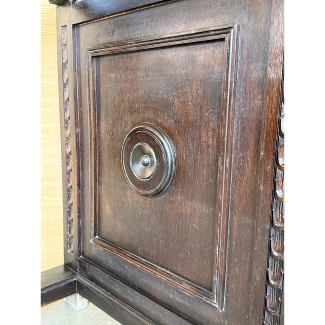 19th Large Carved Spanish Solid Walnut Coat Rack Stand with Red Damask Back For Sale - Image 14 of 18