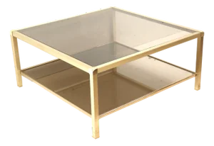 Large Vintage Hollywood Regency Coffee Table in Brass and Smoked Glass, 1970s