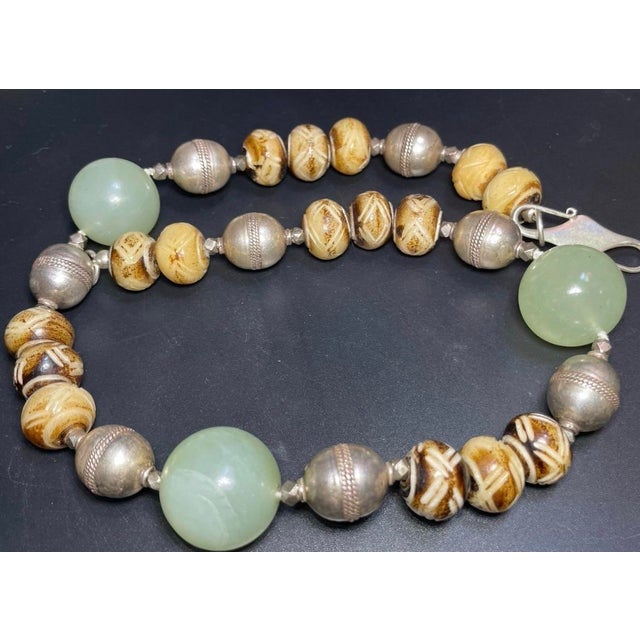 1990s Dzi Diamond Eye Carved Bone Nephrite Jade Afghan Sterling Silver Beads & Clasp For Sale In South Bend - Image 6 of 6