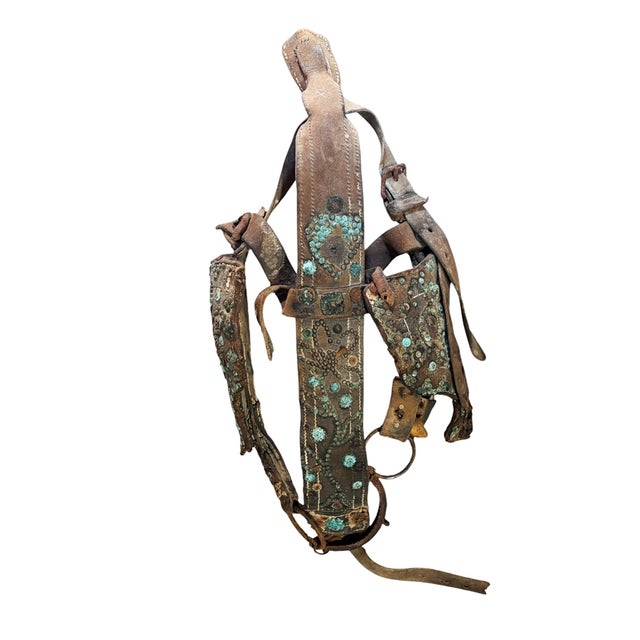 22" H by 12" W by 5" D SOLD AS IS Antique or vintage leather horse bridle with blinders (also known as blinkers or...