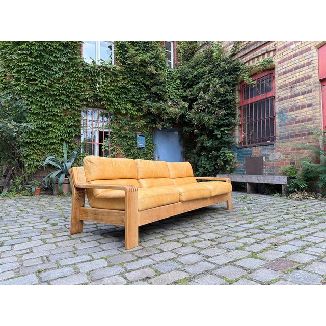 Three-Seater Sofa in Yellow Genuine Leather and Wood by Rolf Benz For Sale - Image 9 of 11