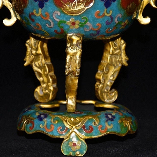 Elegant Vintage Chinese Cloisonné Enamel & Gilt Bronze Tripod Censer on Stand For Sale - Image 9 of 9