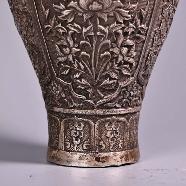 Asian Pair of Vintage Silver-Toned Bronze Vases - Repoussé Floral Motif, Meiping Form For Sale - Image 3 of 9